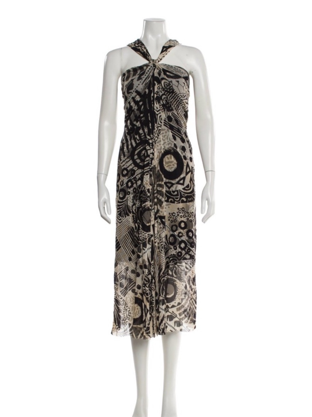 Fuzzi Printed Halter Midi Dress in Black and Cream